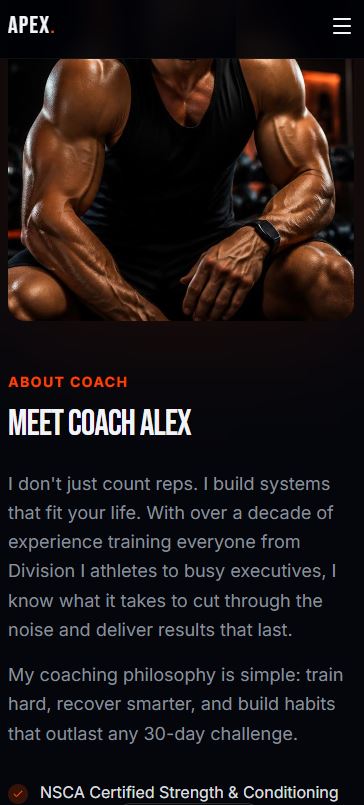 Apex Fitness mobile website layout