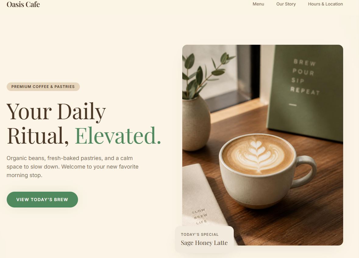 Oasis Cafe desktop website layout